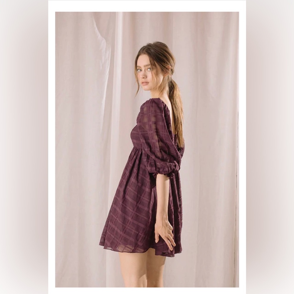 Storia Monochromatic Plaid Baby Doll Mini Purple Dress Size Small - Picture 3 of 14